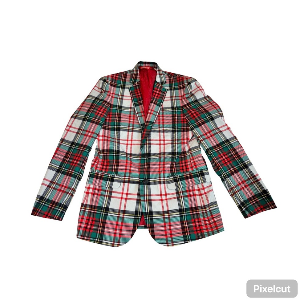 Shinesty Mens Red Green White Plaid Holiday Blazer Sport Coat Size 38 Christmas